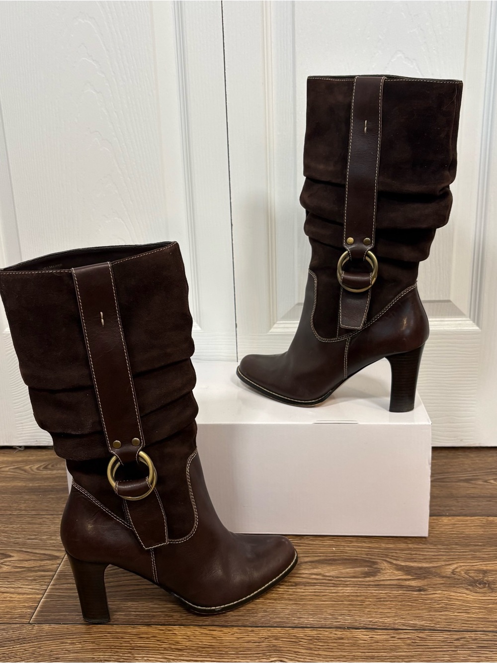 Nine West Brown Leather Suede Slouch Boots 8 Y2K Boho Western
